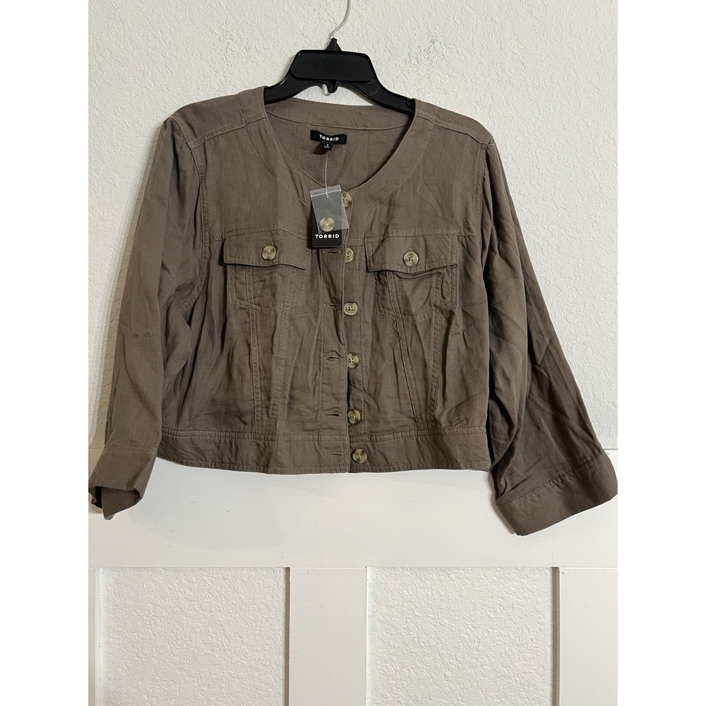 Torrid Cropped Jacket Relaxed Fit Gauzy Cotton Blend Pockets Women 2 2x Brown